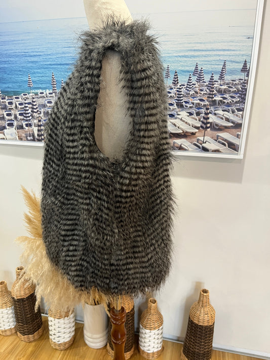Faux Fur Stripes Vest Grey/BLack Large