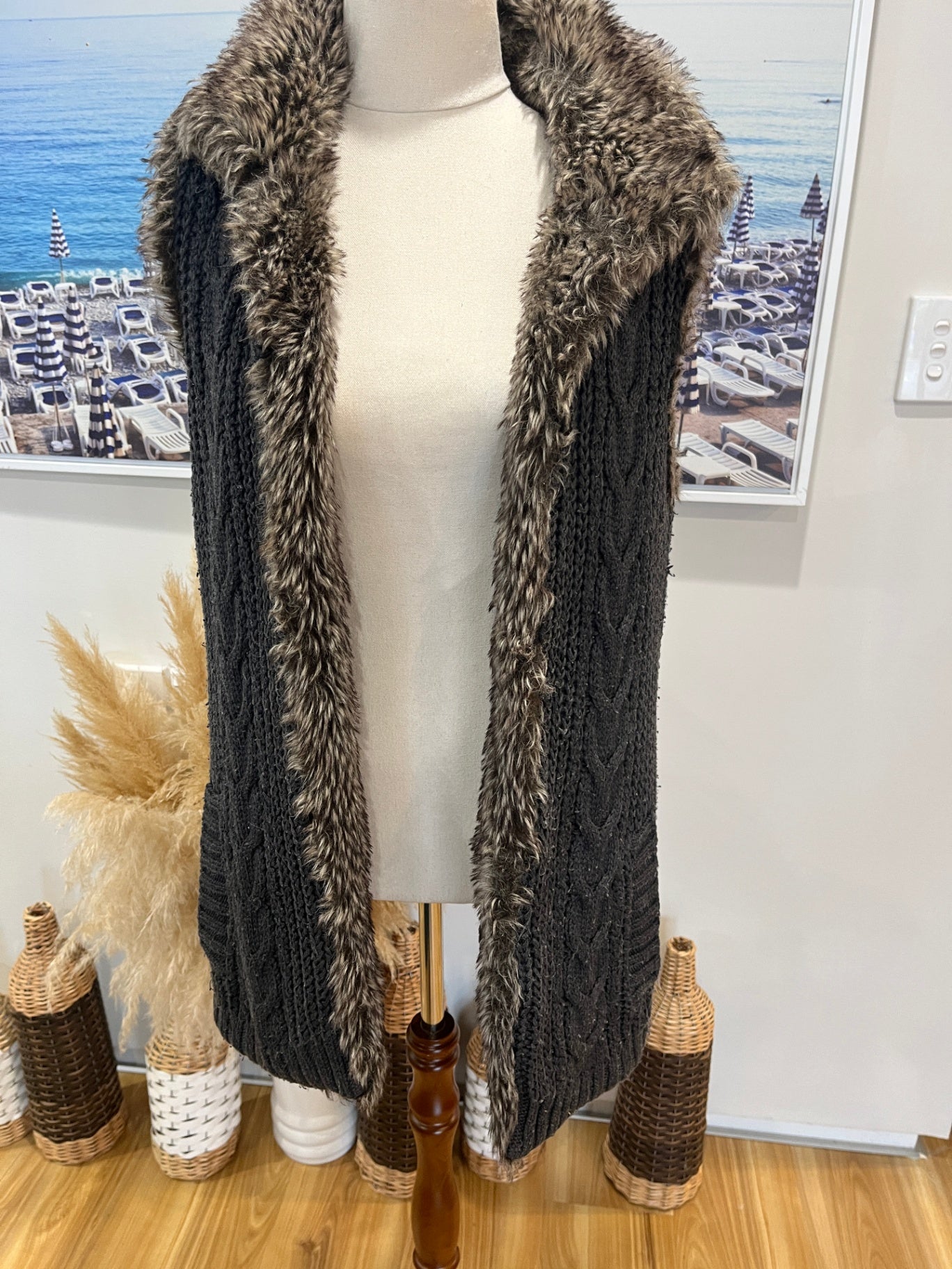 Faux Fur Vest Brown with Grey Knitted