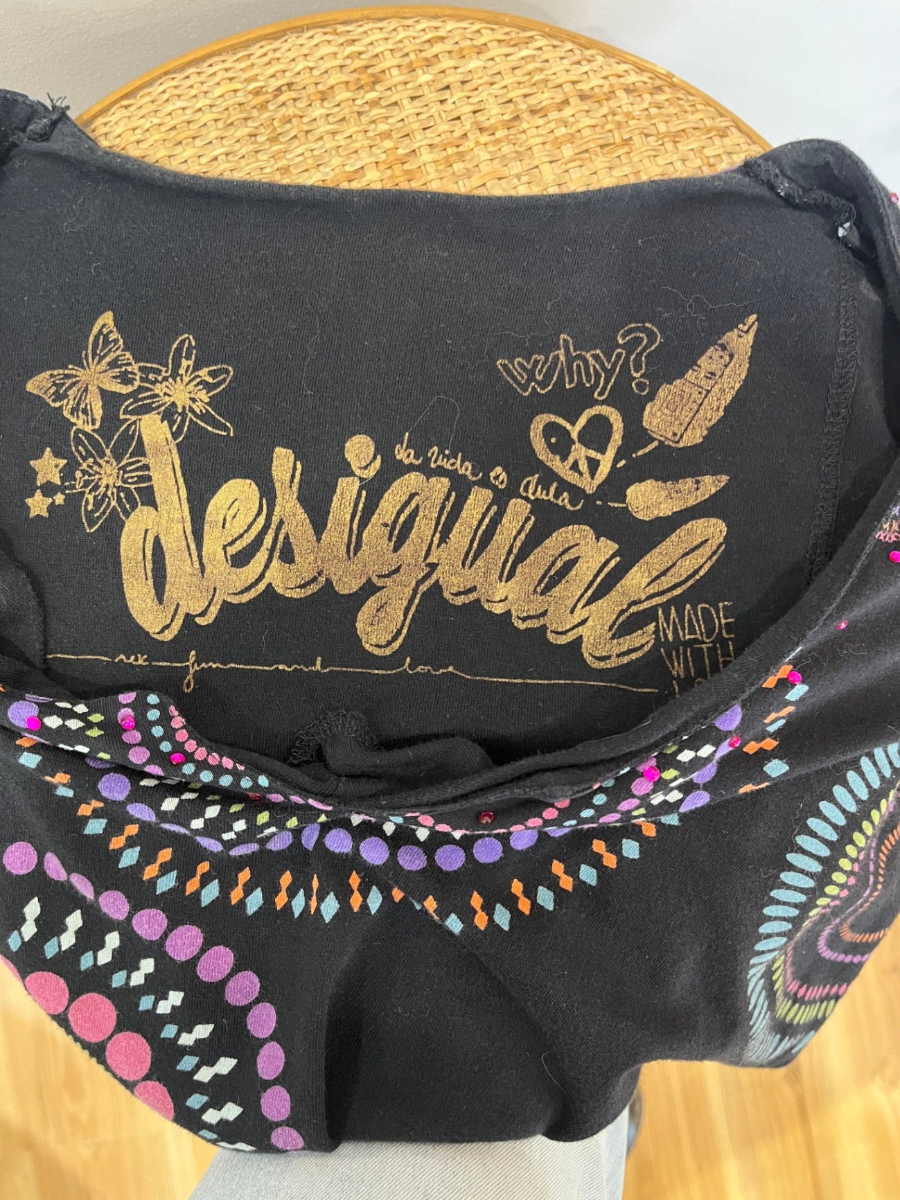 Desigual Dress Black w/Florals Hippy Style Size M