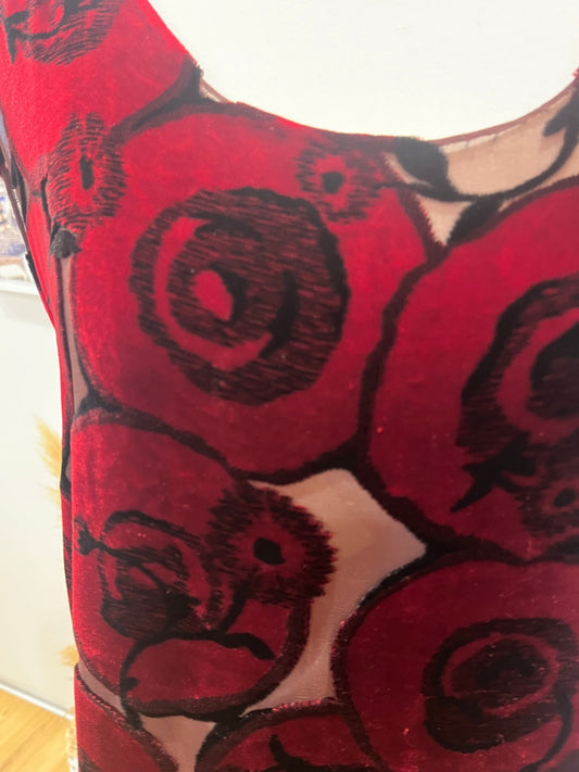 Velvet Dress with Red Roses and Black Fringe, M