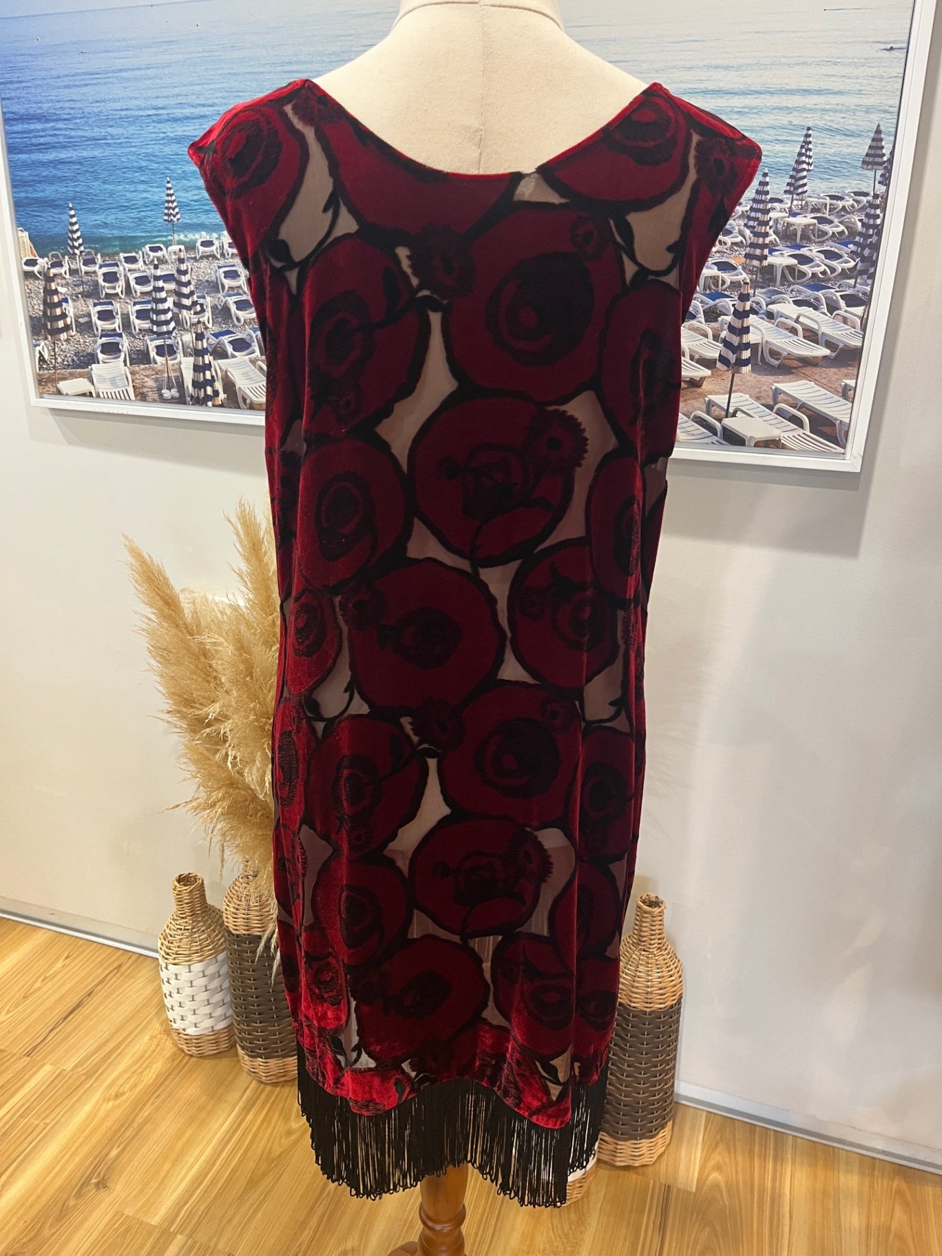 Velvet Dress with Red Roses and Black Fringe, M