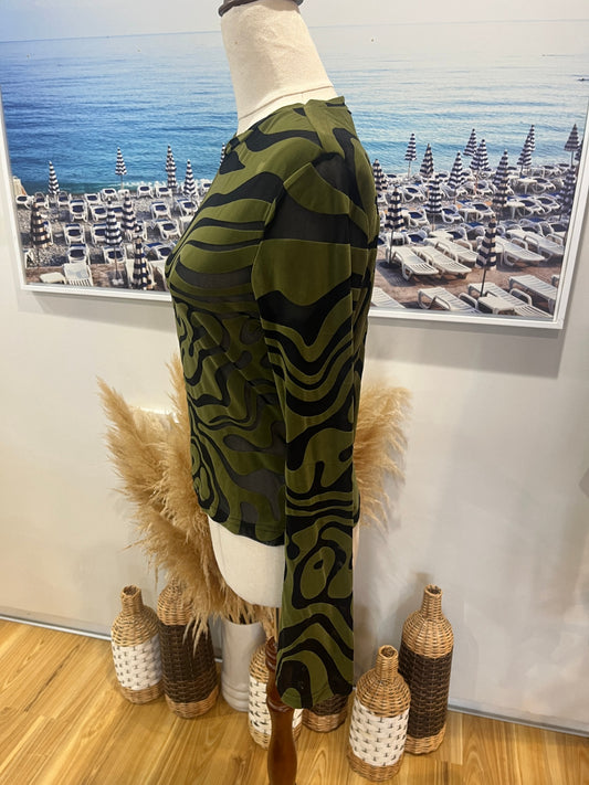 Dangerfield Green & Black Camo Top – Size 8 | Velvet & Mesh Detail