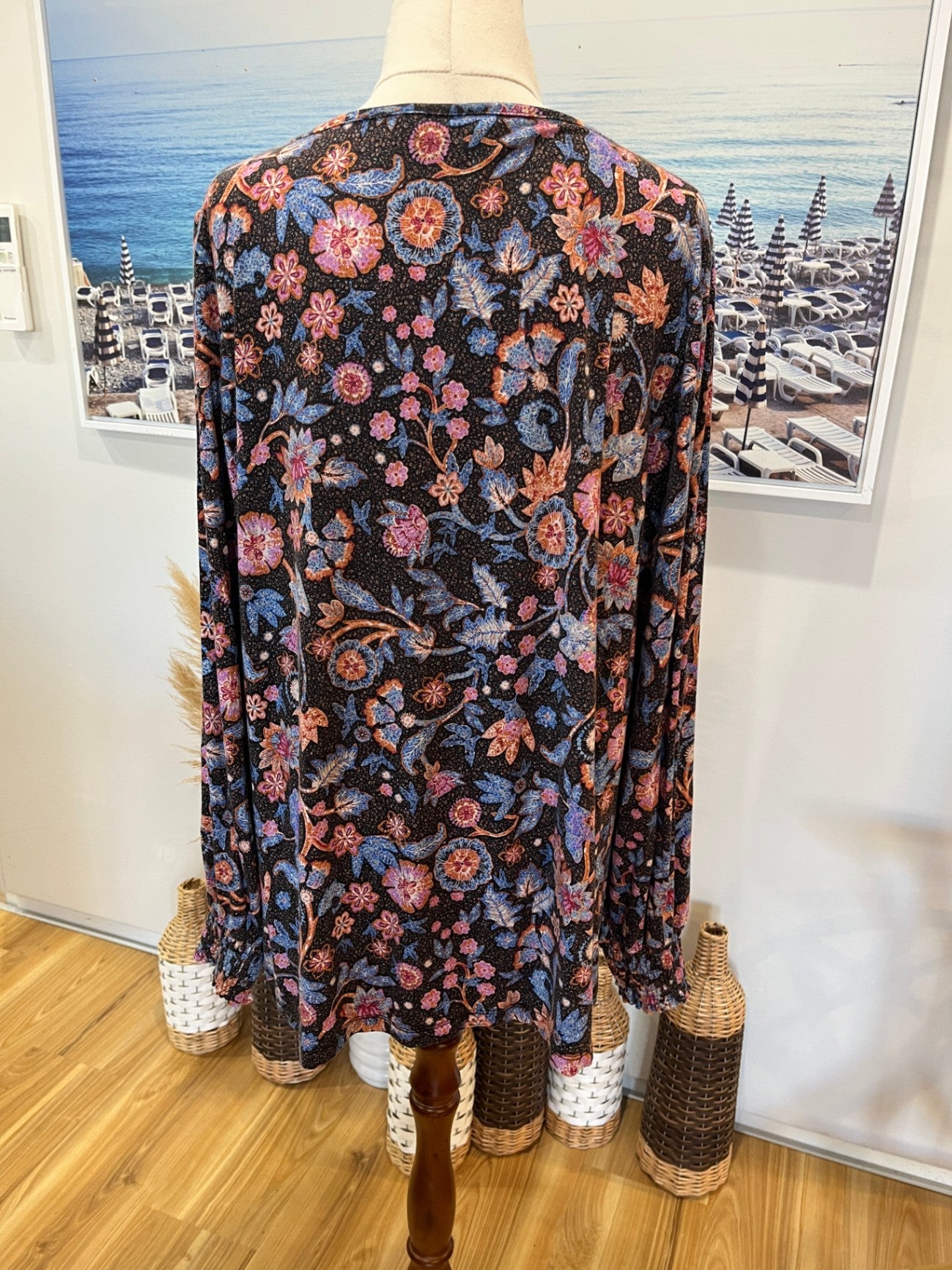 Blue Illusion Multicolour Floral Blouse | Gathered Sleeves with Cuffs | XL