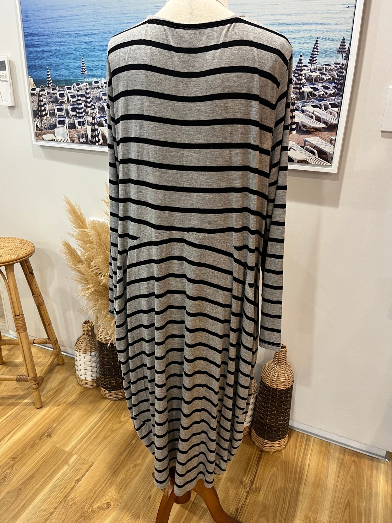 Black Stone Grey & Black Stripe Dress | Bell Shaped | Size 16