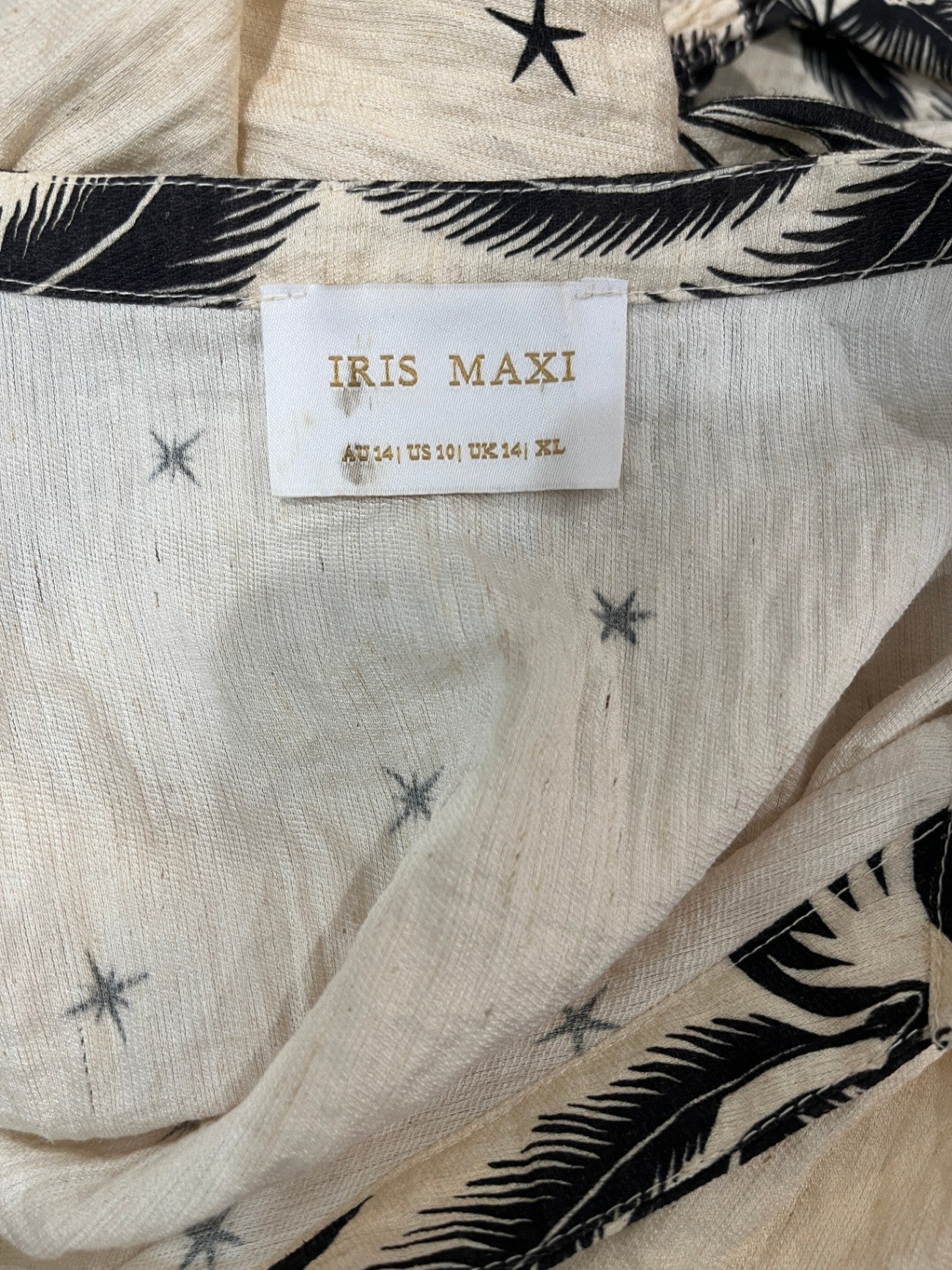 Iris Linen Blend Maxi Dress Cream Brown Tropical Print Tie Back XL