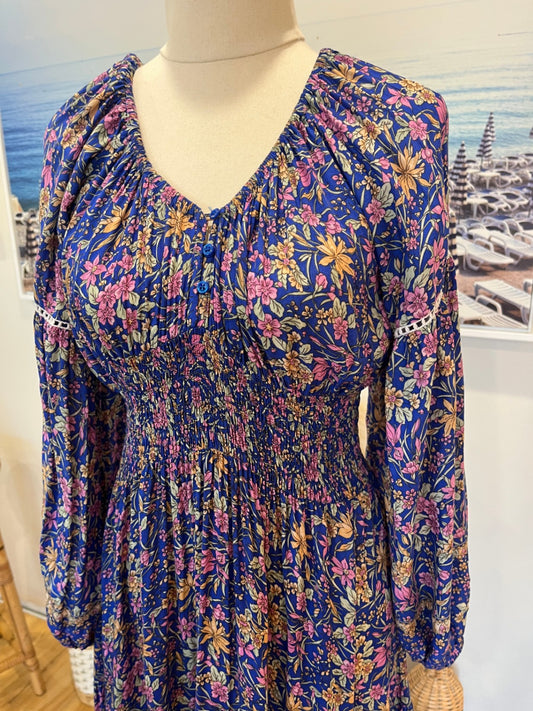 Boho Dress M Blue with multicolor floral pattern