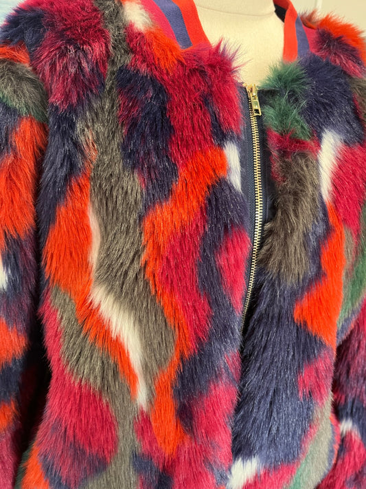 Augustine Faux Fur Bomber Jacket – Multicolor | Size Large