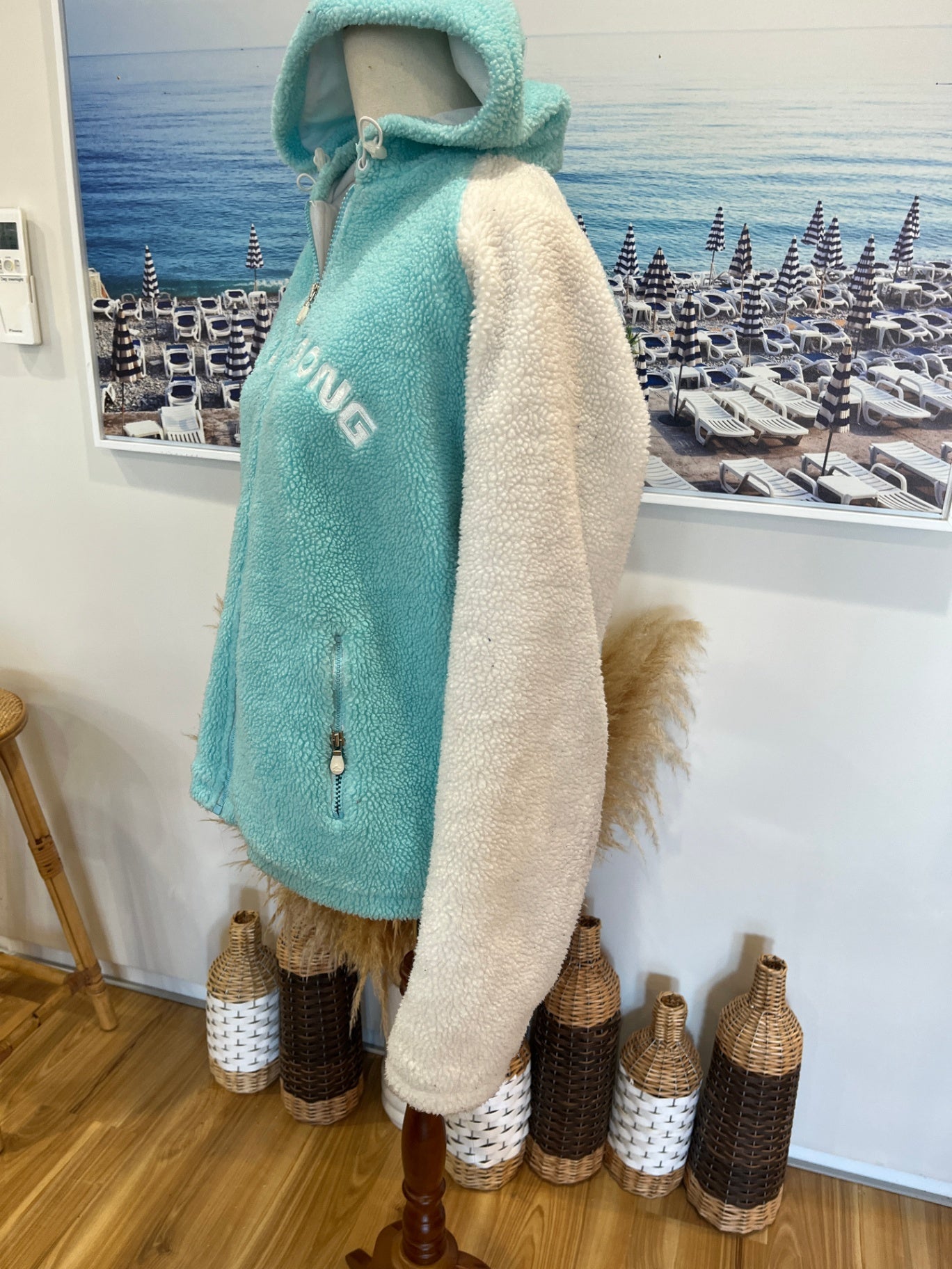Billabong Fleece Winter Jacket – Turquoise & White | Size 12 | Thick Warm Outerwear