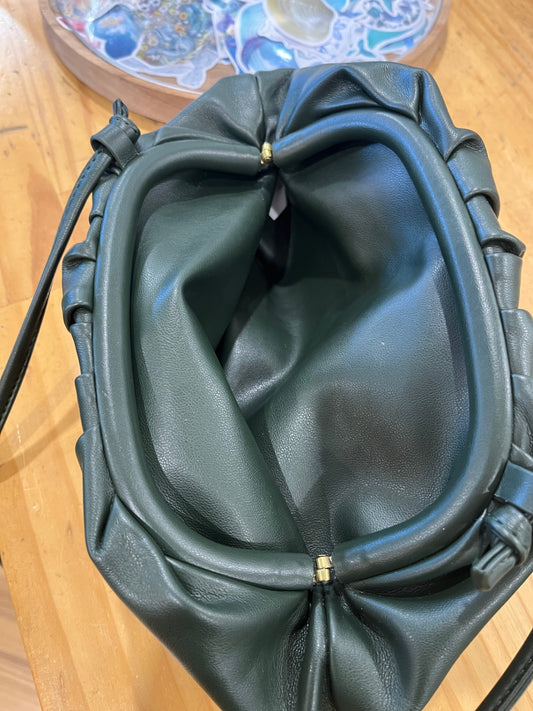 Stylish Dark Green Shoulder Bag | Long Strap | Gathered Sides | Snap Closure