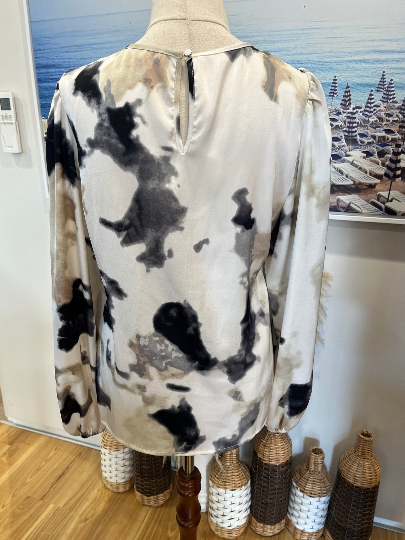Et Alia Cream Beige & Grey Black Blouse | Women's XS | Elasticated Panel Detail
