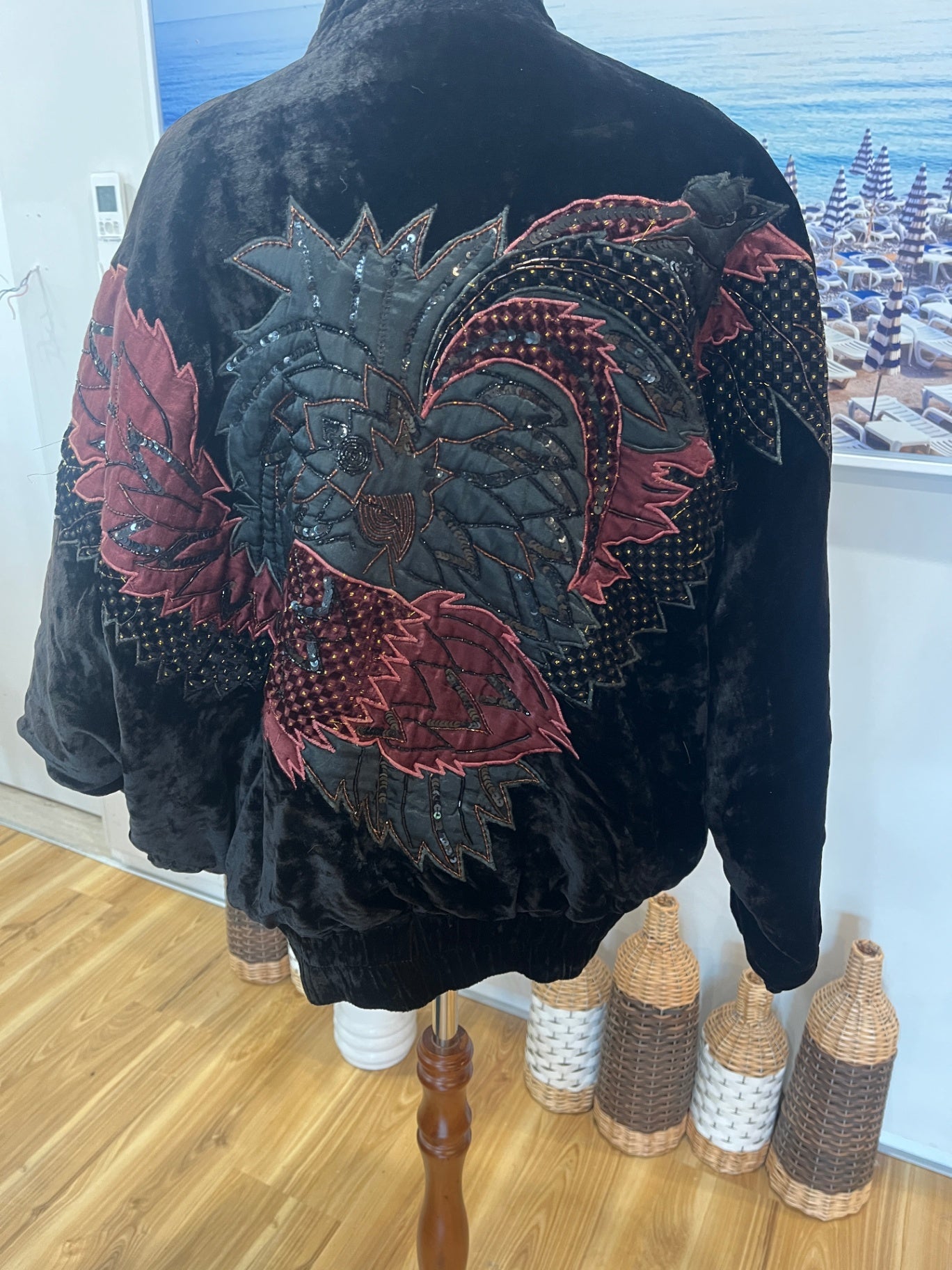Orientique Sydney Velvet Bomber Jacket — Embroidered Batwing Style Size M