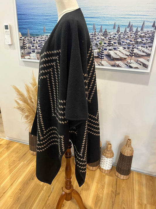 Ike Behar Poncho — One Size Black with Cream Zigzag Pattern