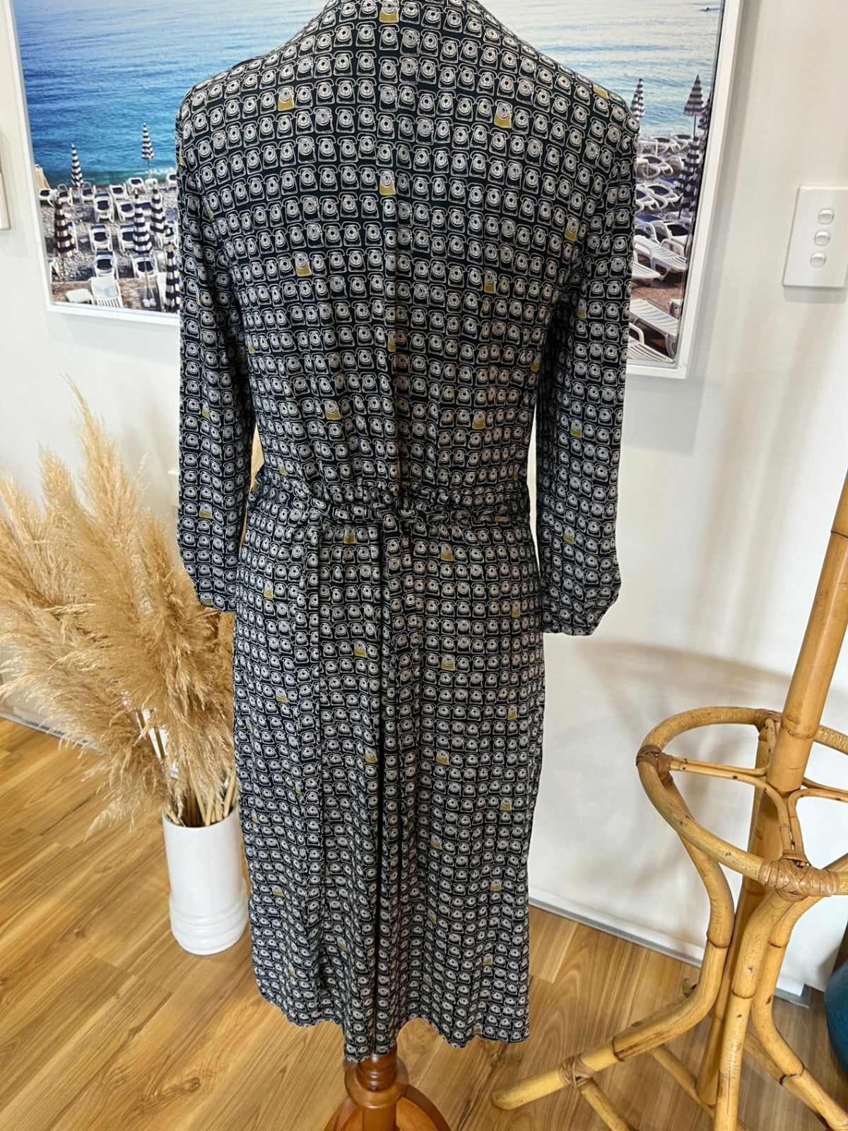 White Stuff Navy Telephone Print Wrap Dress – Size 12 | 3/4 Sleeve