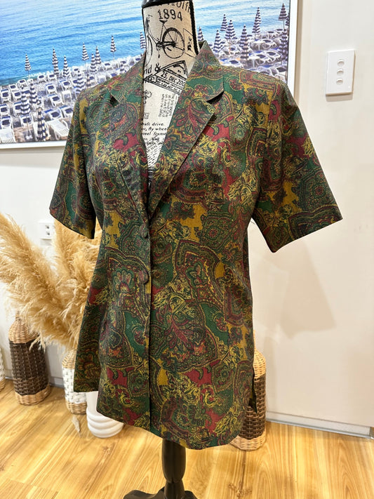 Vintage Short Sleeve Blazer Medium Autumn Tones (Primarily Green, Red, and Gold)