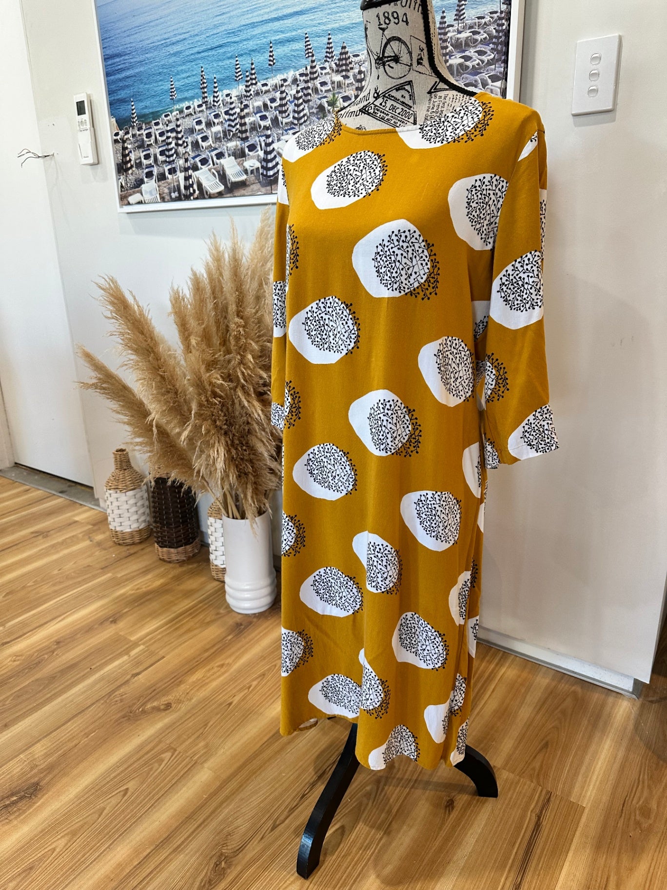 [SALE] Elm Midi Dress 12 Mustard Yellow with White and Black Pattern