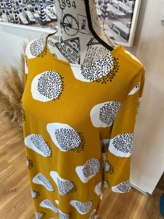 [SALE] Elm Midi Dress 12 Mustard Yellow with White and Black Pattern