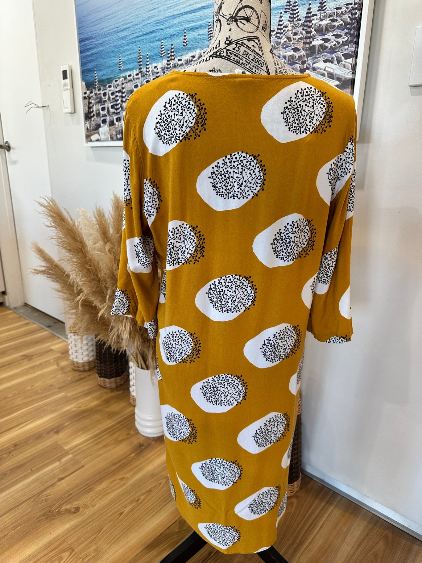 [SALE] Elm Midi Dress 12 Mustard Yellow with White and Black Pattern