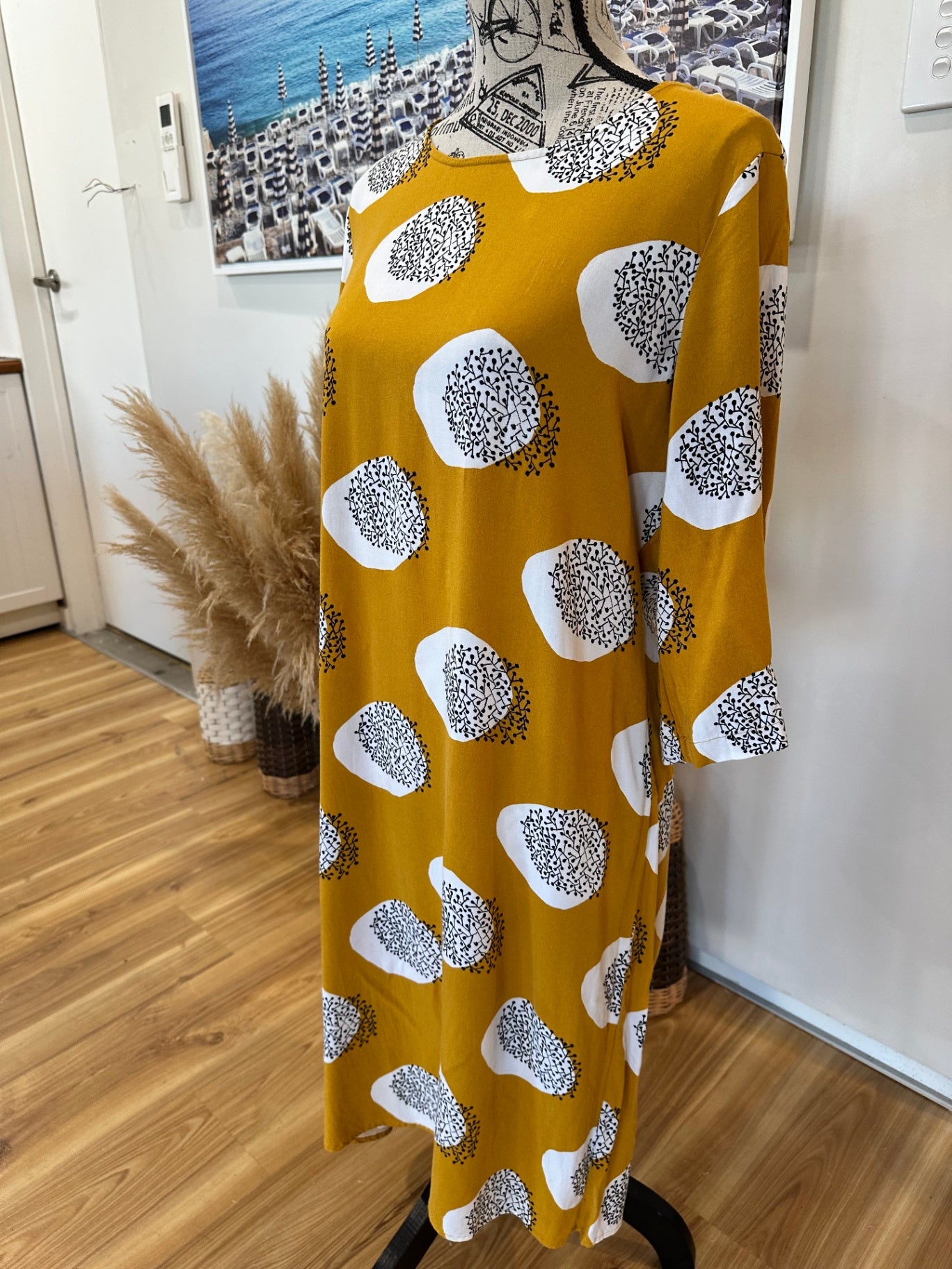 [SALE] Elm Midi Dress 12 Mustard Yellow with White and Black Pattern