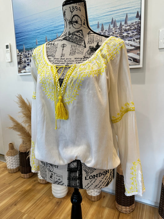 Tigerlily Blouse 10 White with yellow embroidery