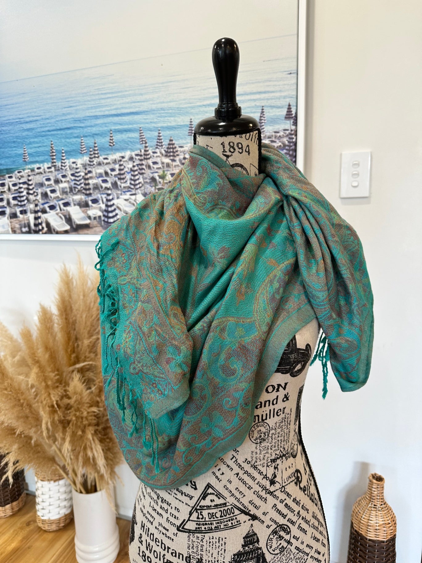 Vintage Pashhmina Teal with hints of gold and pink