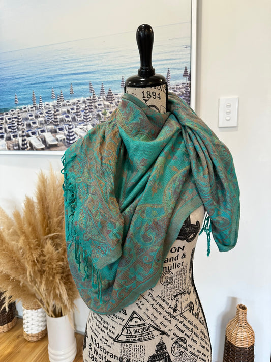 Vintage Pashhmina Teal with hints of gold and pink