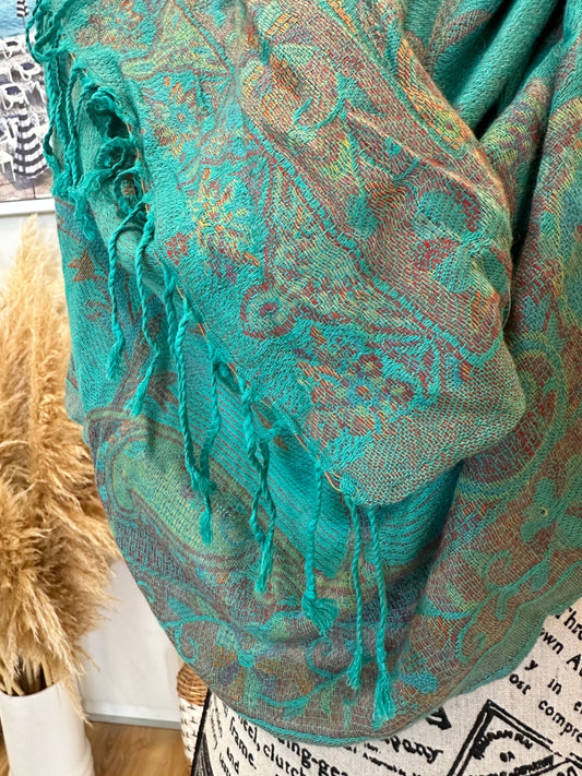 Vintage Pashhmina Teal with hints of gold and pink