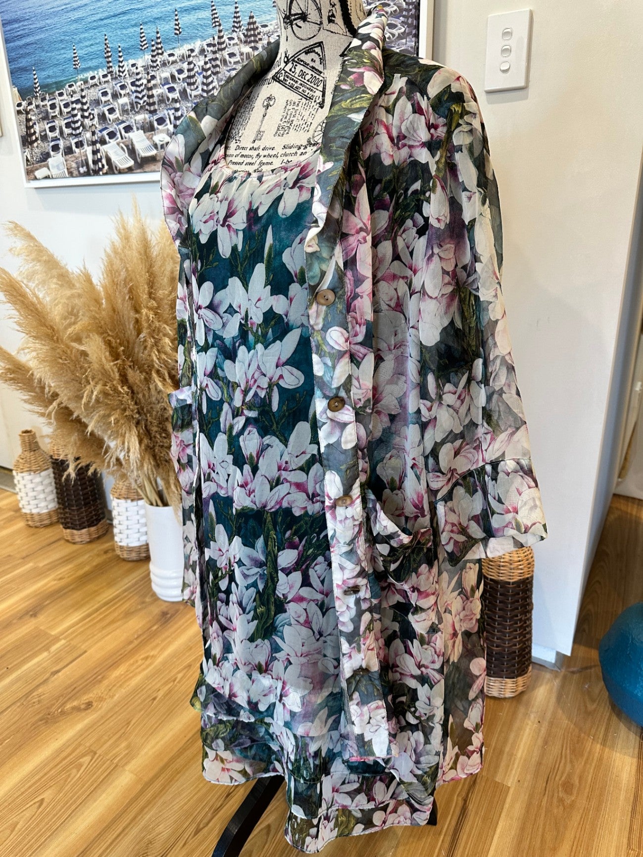 ReVue Dress and cardigan set 20 / 22 Multicolor (predominantly pink, white, and dark green)