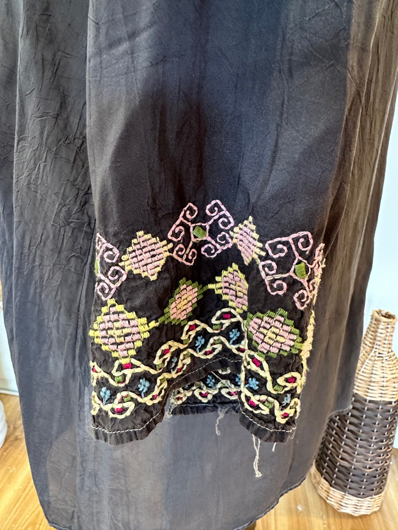 Johnny Was Kaftan Blouse Medium Grey with pink, red, yellow, and green embroidery