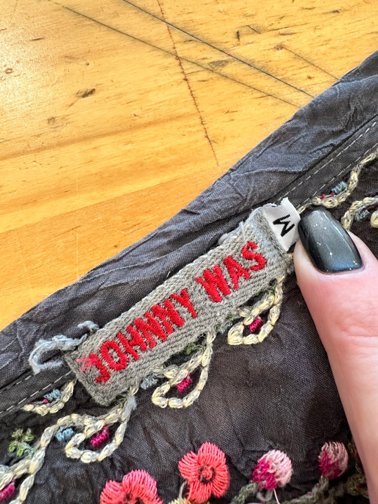 Johnny Was Kaftan Blouse Medium Grey with pink, red, yellow, and green embroidery