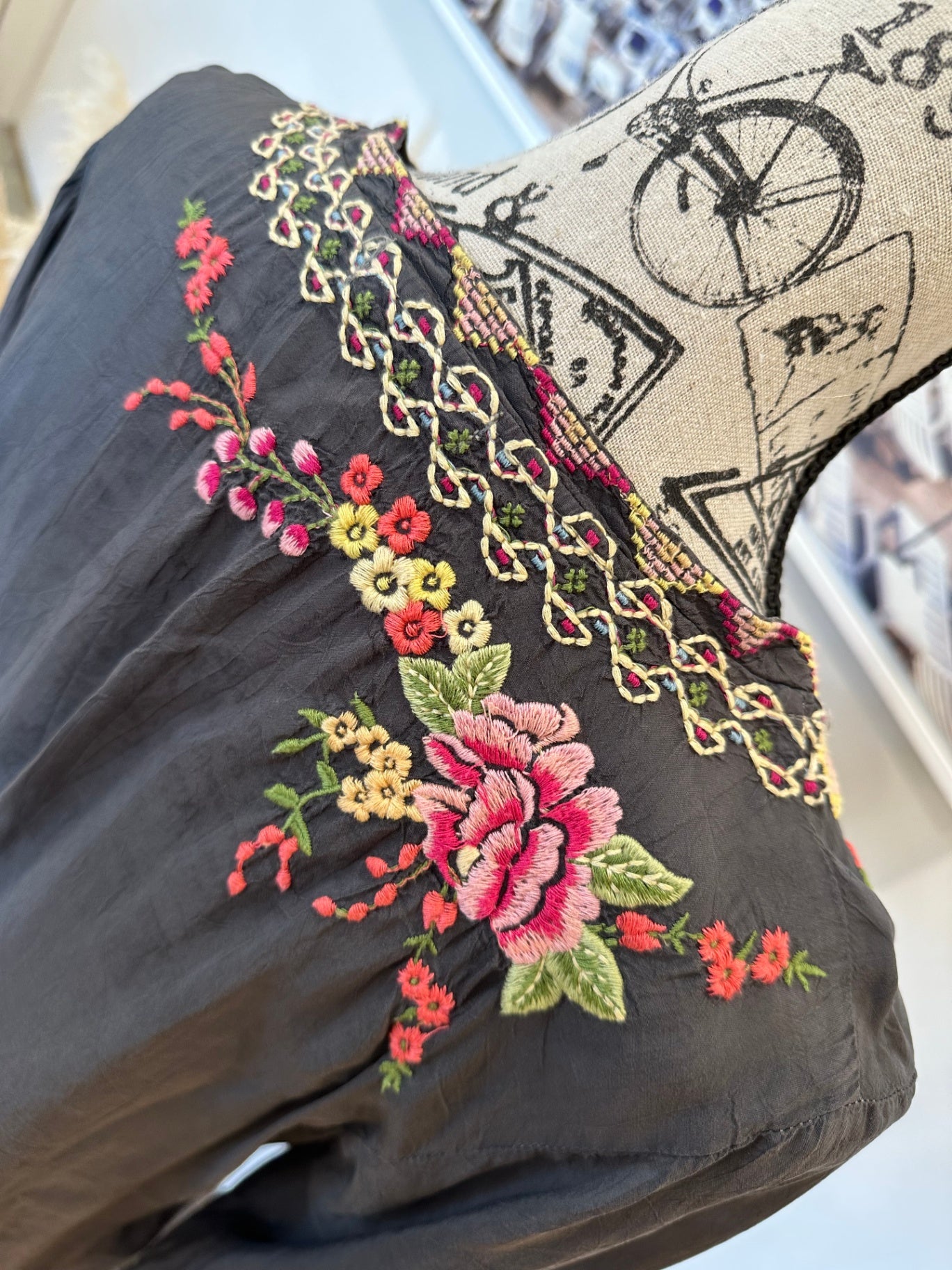 Johnny Was Kaftan Blouse Medium Grey with pink, red, yellow, and green embroidery