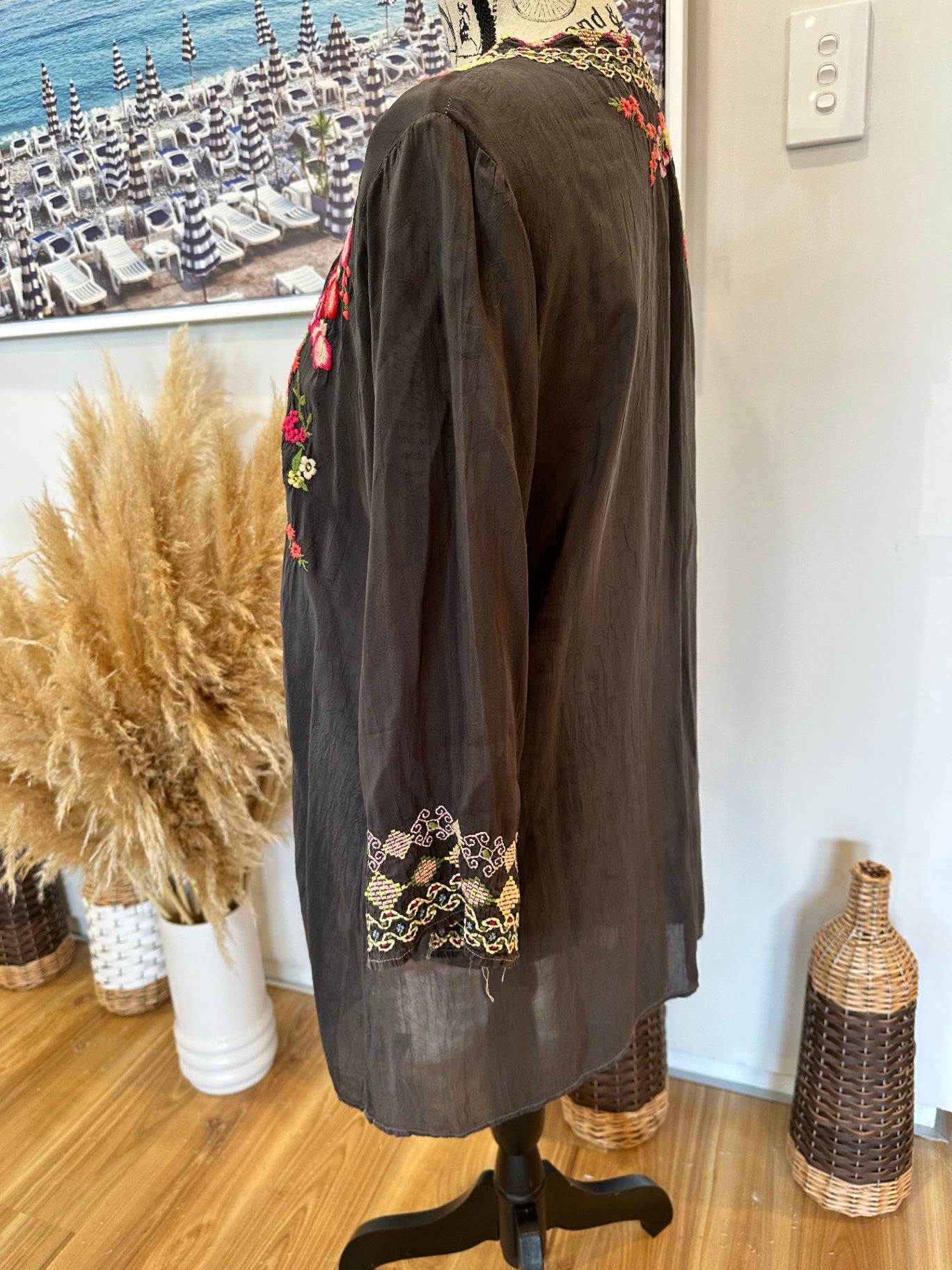 Johnny Was Kaftan Blouse Medium Grey with pink, red, yellow, and green embroidery