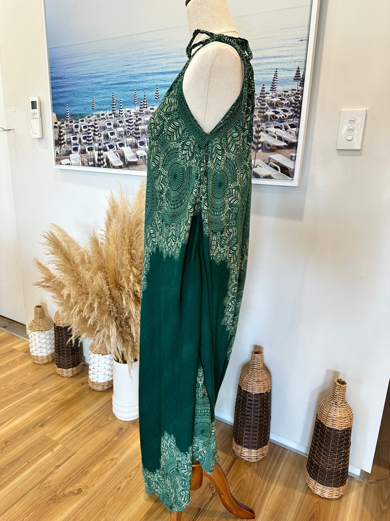Boho Jumpsuit One Size Green and beige