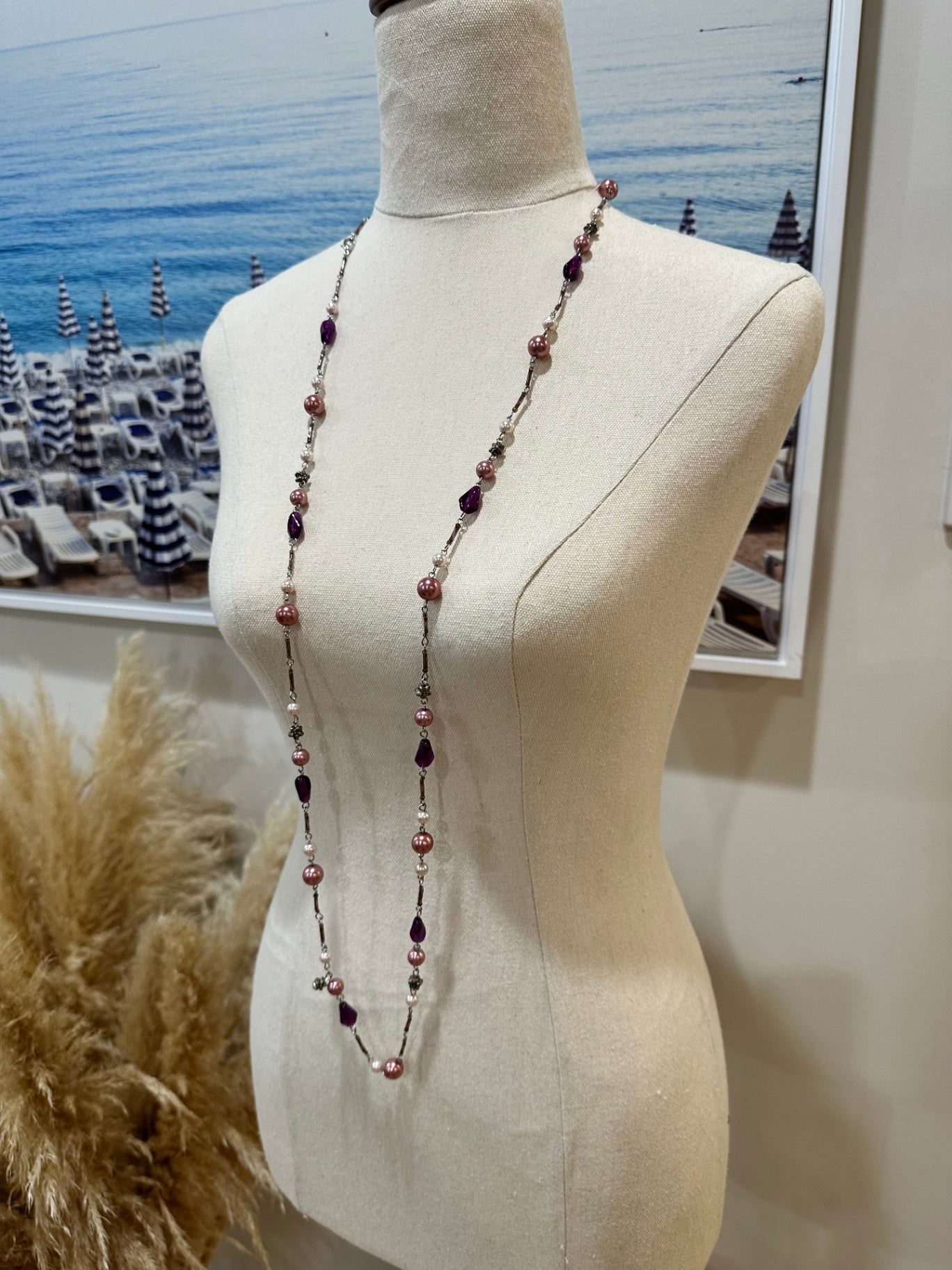 Necklace - Beads - Pink, Purple