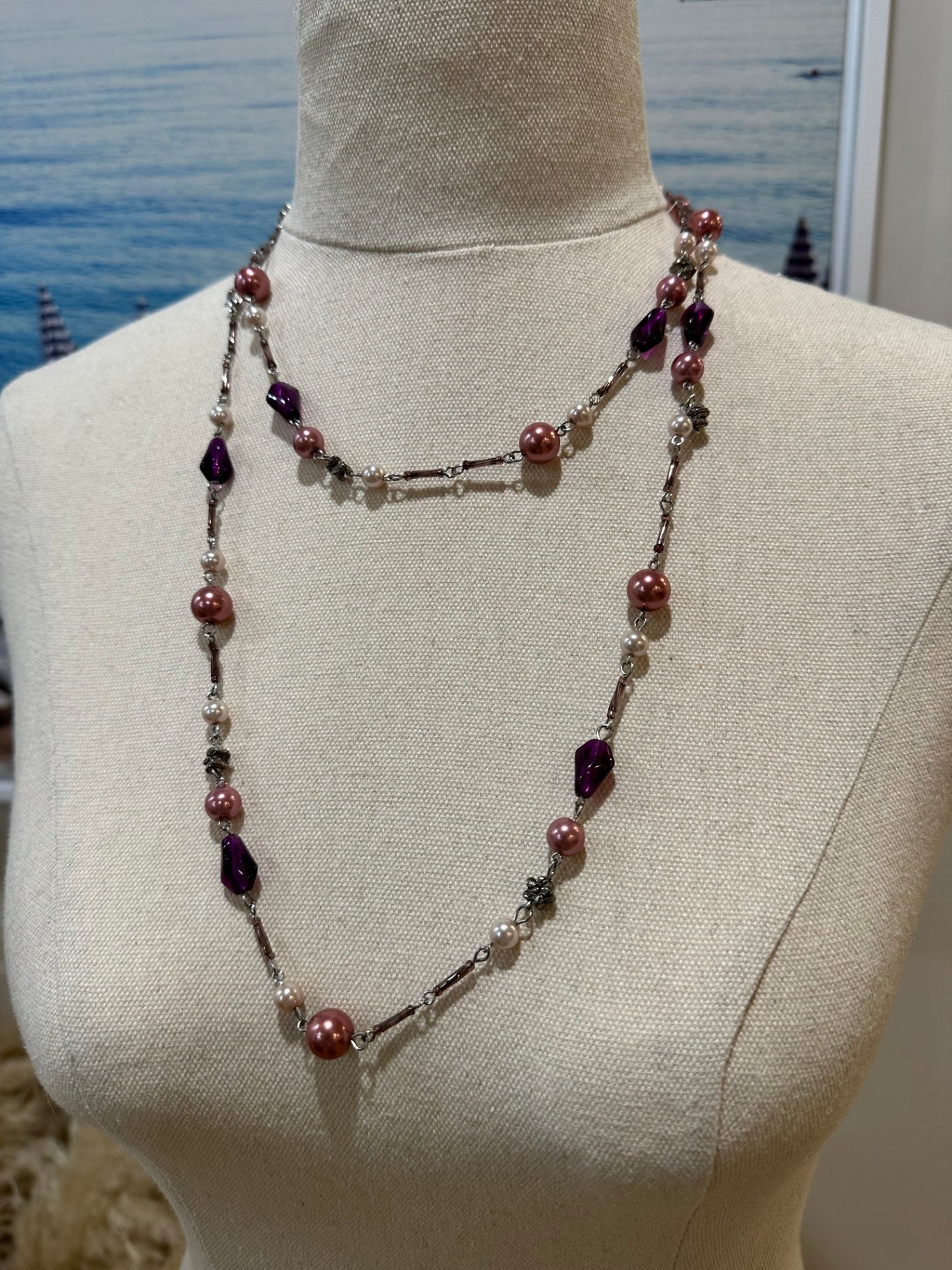 Necklace - Beads - Pink, Purple