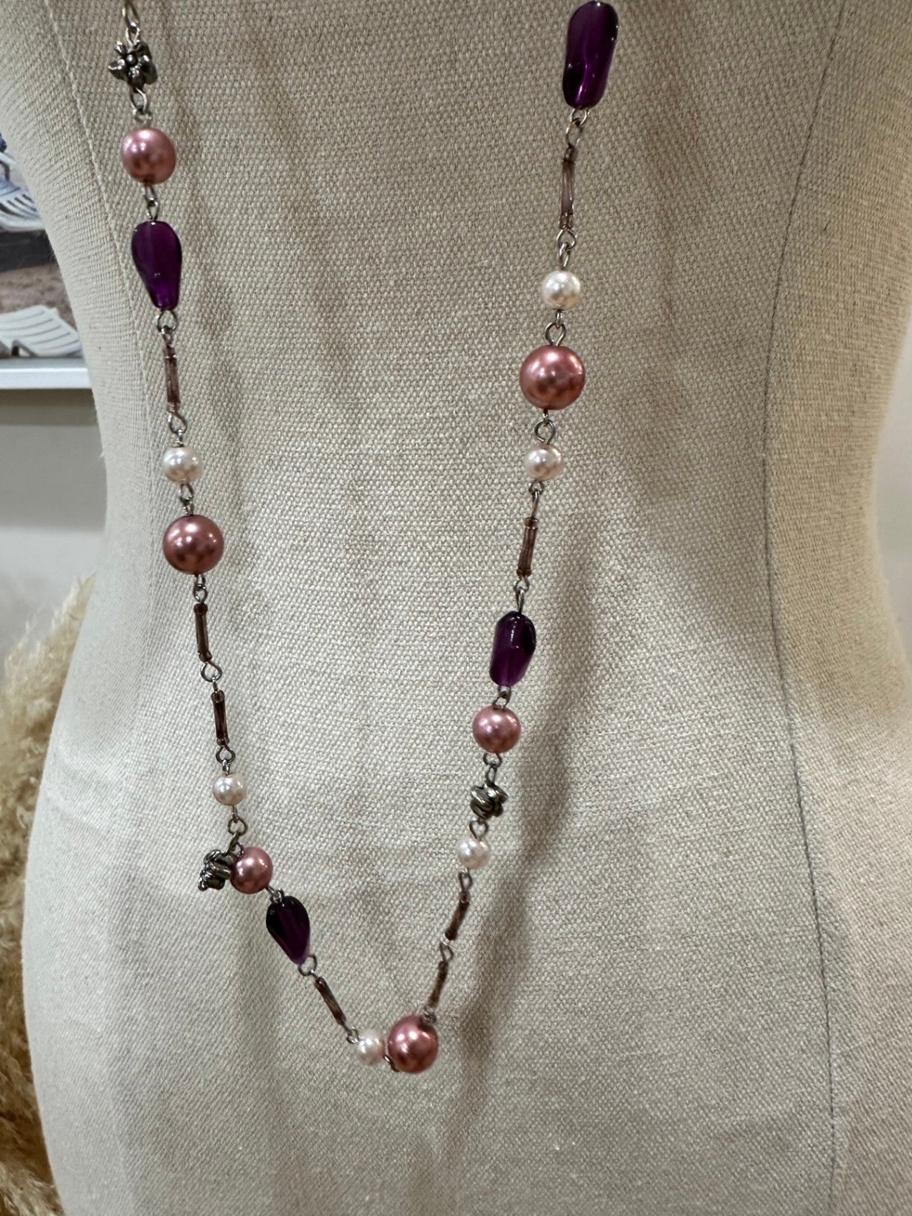 Necklace - Beads - Pink, Purple