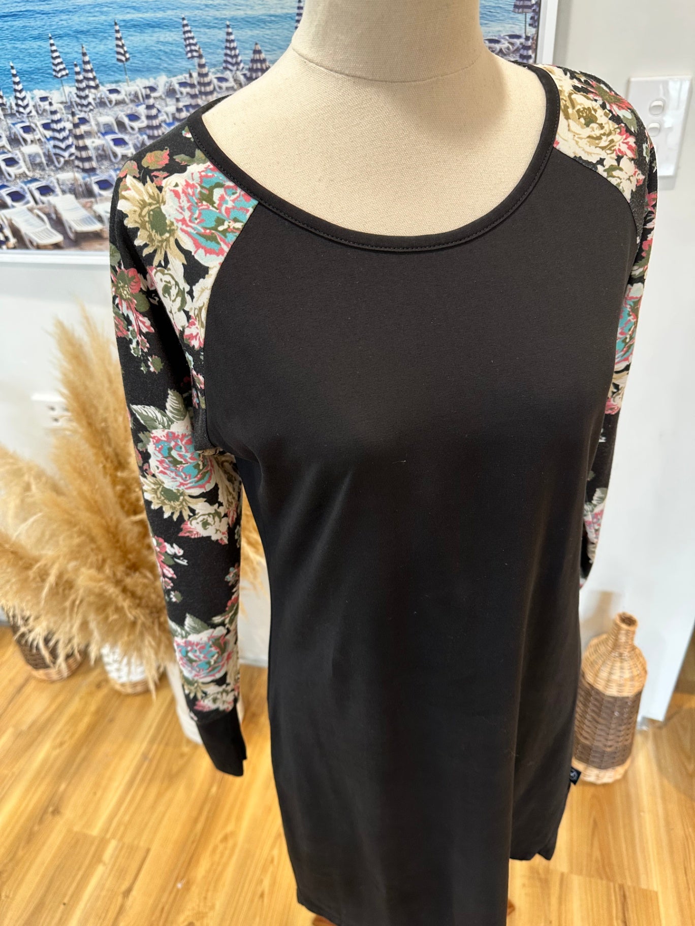 [SALE] Addison Dress 8 Black with floral sleeves