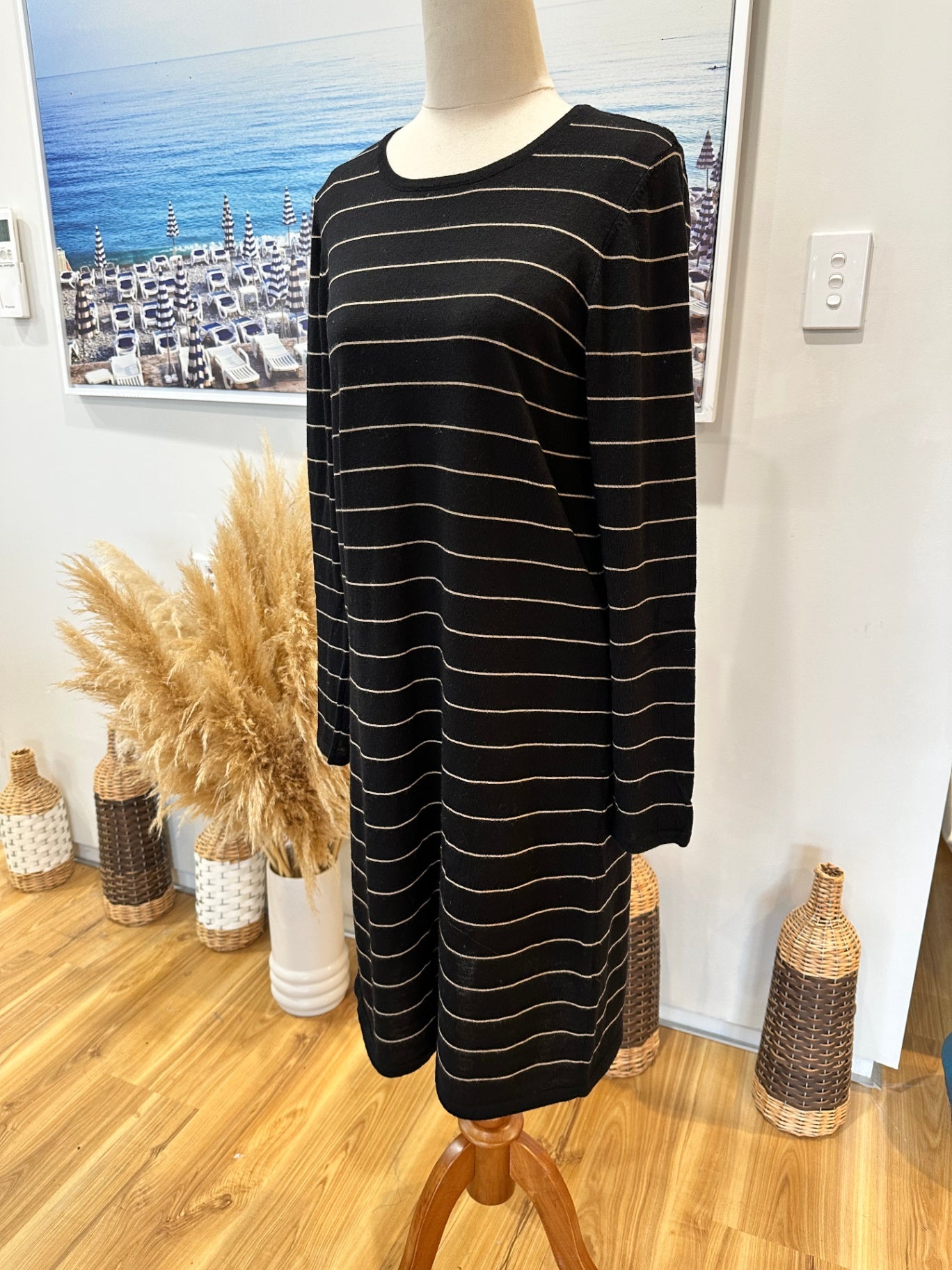[SALE] Ella J Merino Dress 10 Black with white stripes