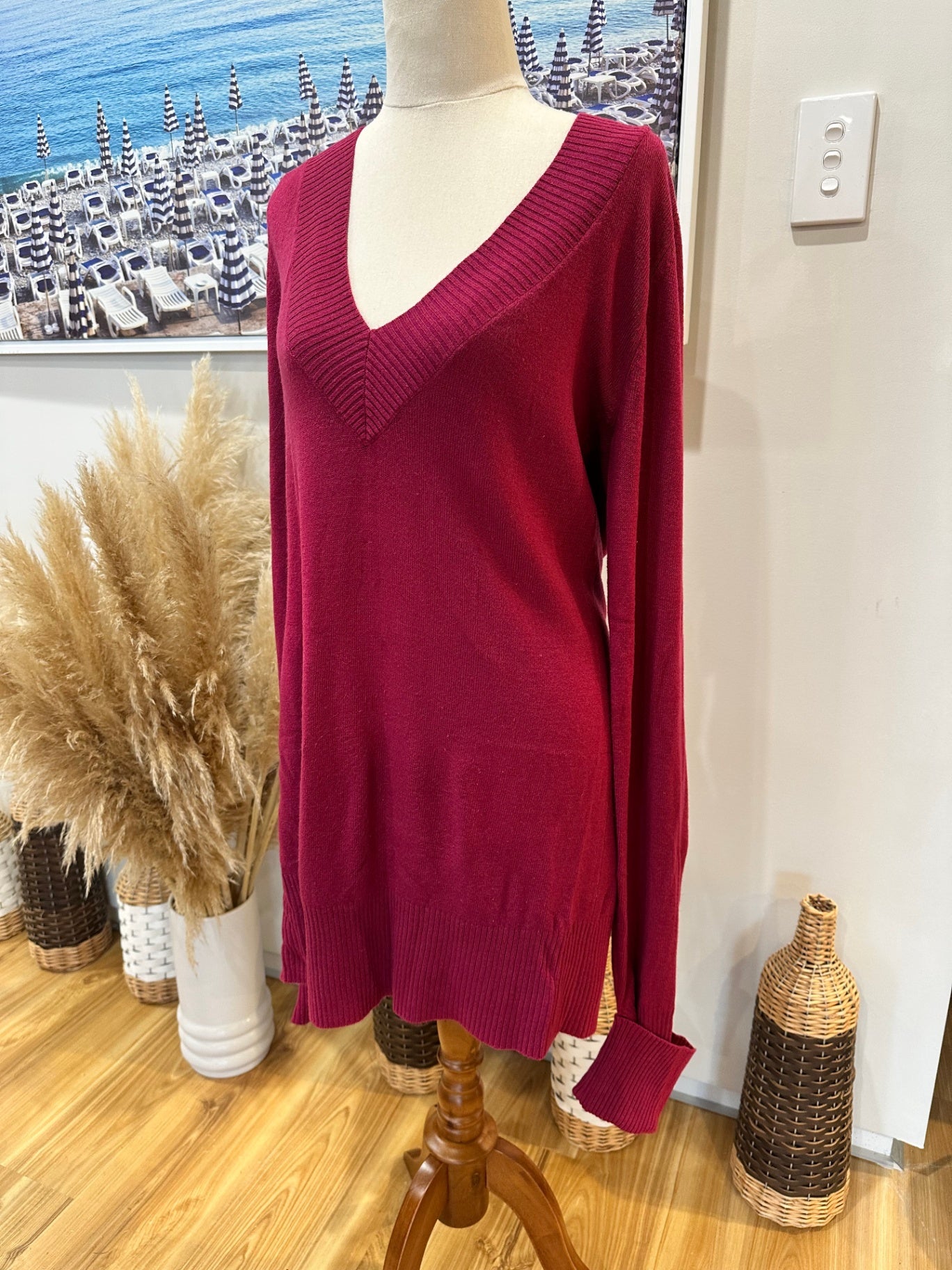[SALE] Vintage Y2K - V-Neck Jumper Large Burgundy