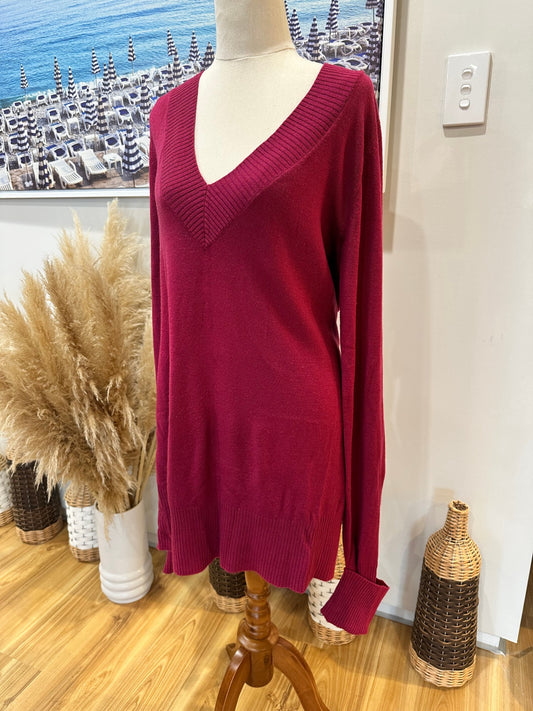 [SALE] Vintage Y2K - V-Neck Jumper Large Burgundy