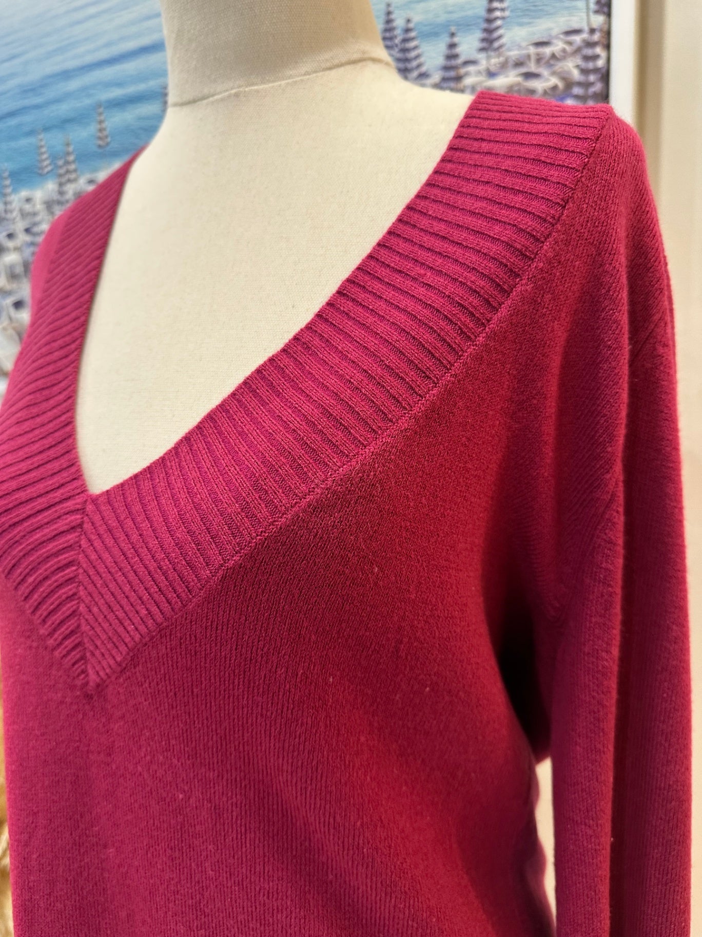 [SALE] Vintage Y2K - V-Neck Jumper Large Burgundy