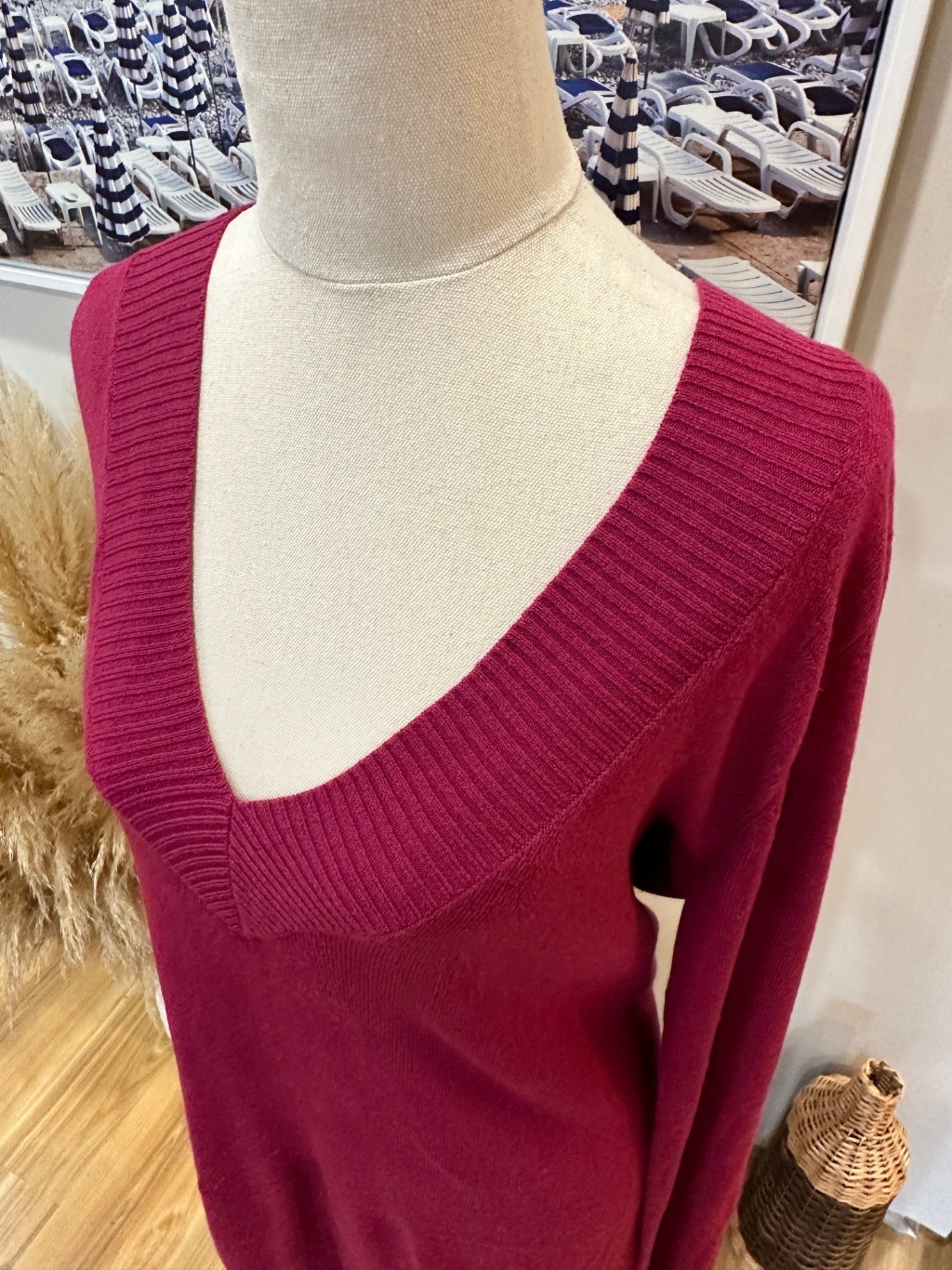 [SALE] Vintage Y2K - V-Neck Jumper Large Burgundy