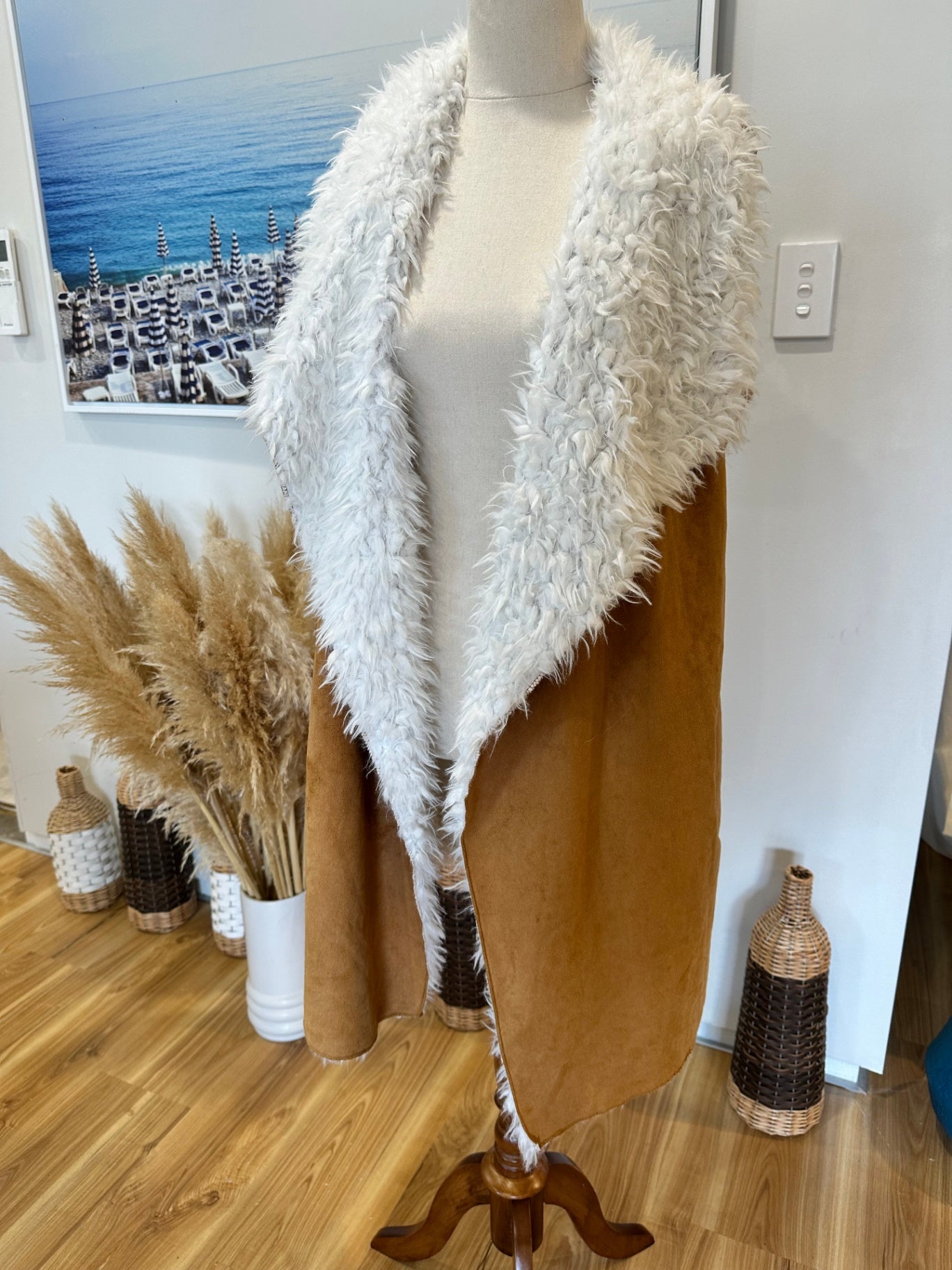 Some Days Lovin' - Sherpa Longline Vest - Small - Tan and White