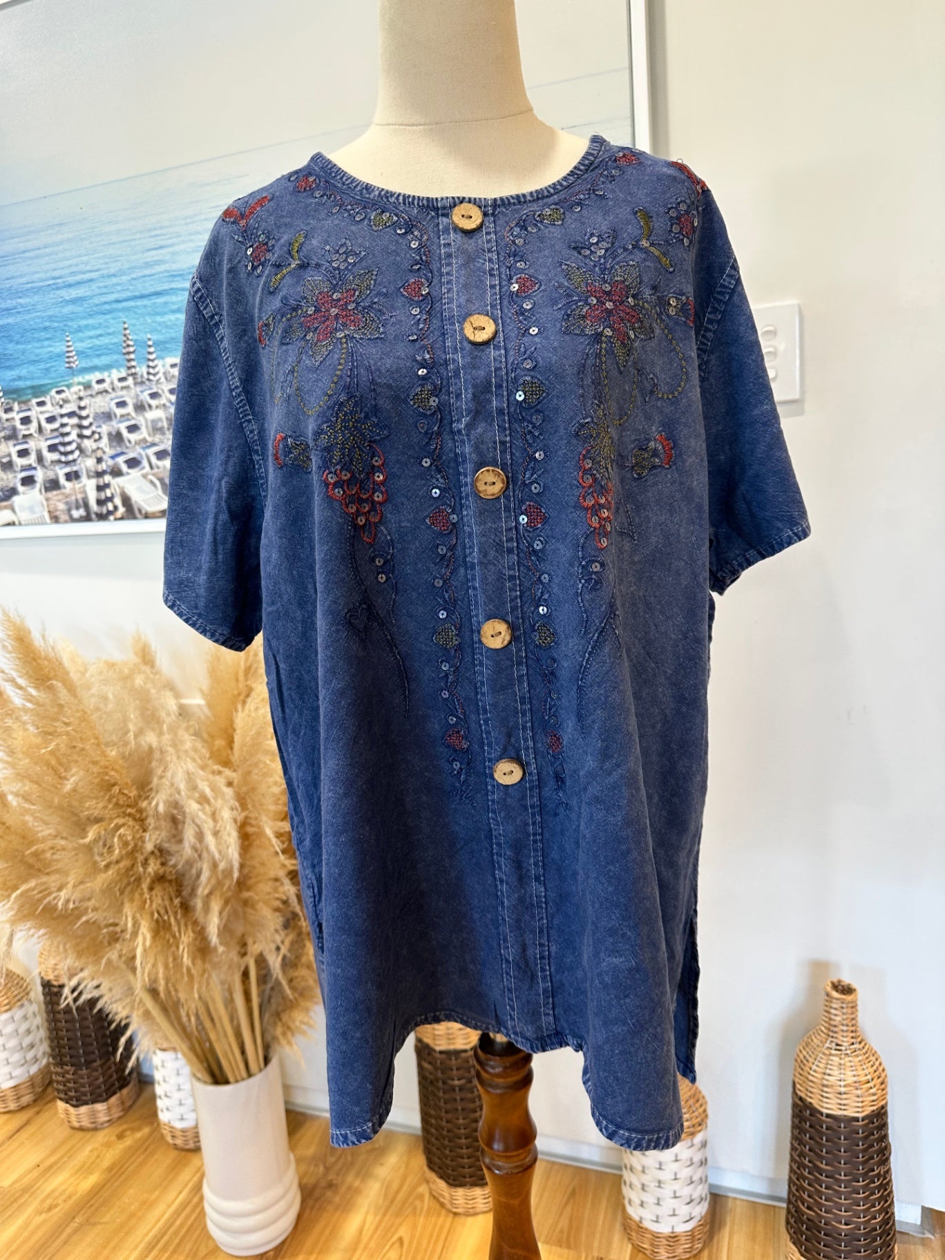 [SALE] Bohemian Blouse - Sequin & Embroidery - Large / Extra Large - Blue