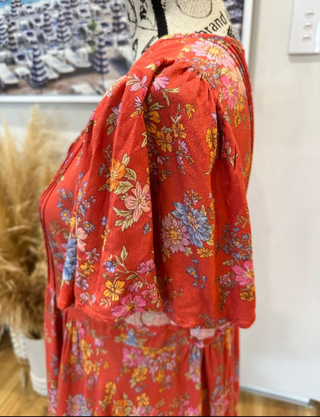 Spell - Meadowland Flutter Dress - Small Coral with floral pattern