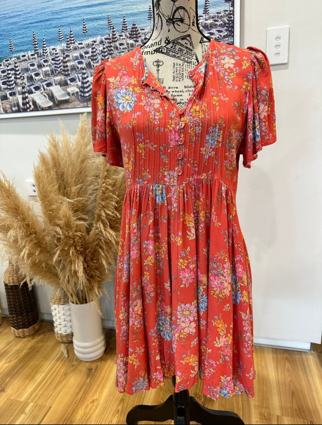 Spell - Meadowland Flutter Dress - Small Coral with floral pattern