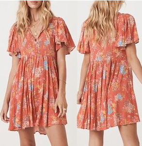 Spell - Meadowland Flutter Dress - Small Coral with floral pattern