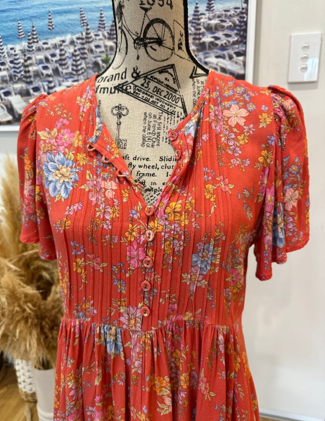 Spell - Meadowland Flutter Dress - Small Coral with floral pattern