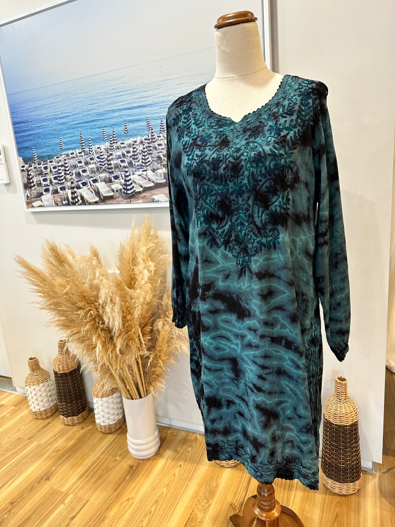 [SALE] Kaftan Dress - Small - Turquoise with black tie-dye and embroidery detail