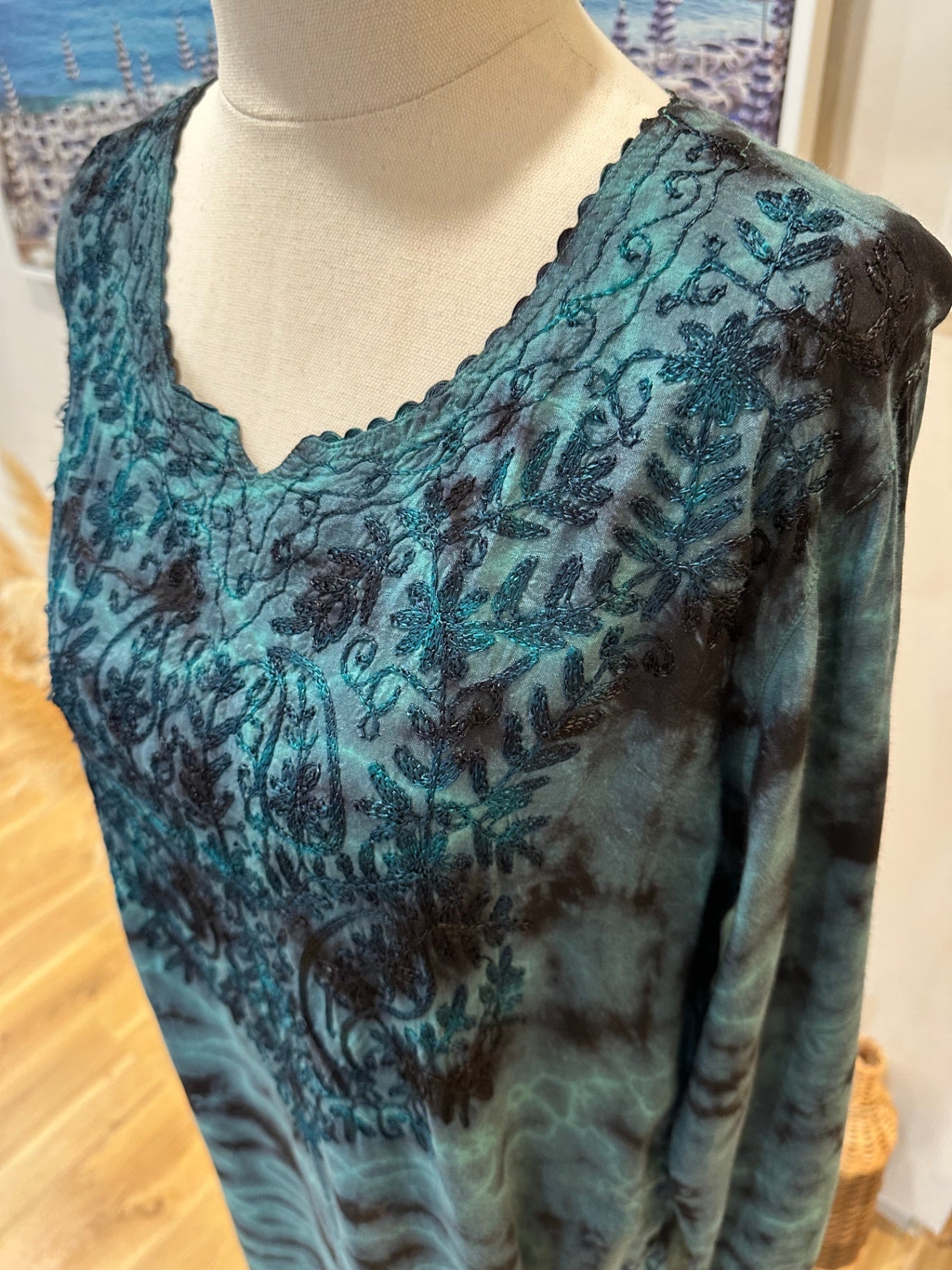 [SALE] Kaftan Dress - Small - Turquoise with black tie-dye and embroidery detail