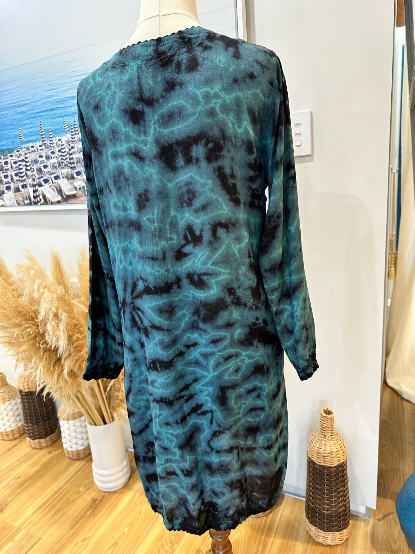[SALE] Kaftan Dress - Small - Turquoise with black tie-dye and embroidery detail